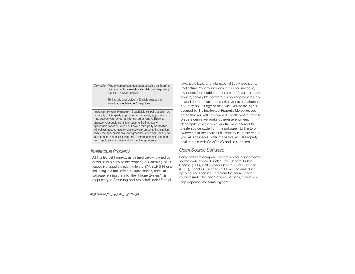 Intellectual property, Open source software | Samsung SPH-M840UWABST User Manual | Page 2 / 193