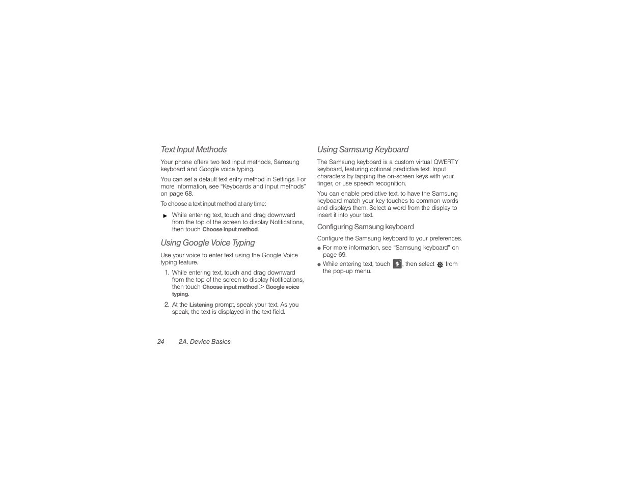 Text input methods, Using google voice typing, Using samsung keyboard | Samsung SPH-M840UWABST User Manual | Page 33 / 193