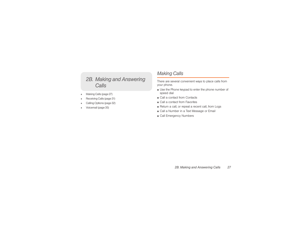 Making and answering, Calls 27, Making calls | 2b. making and answering calls | Samsung SPH-M840UWABST User Manual | Page 36 / 193