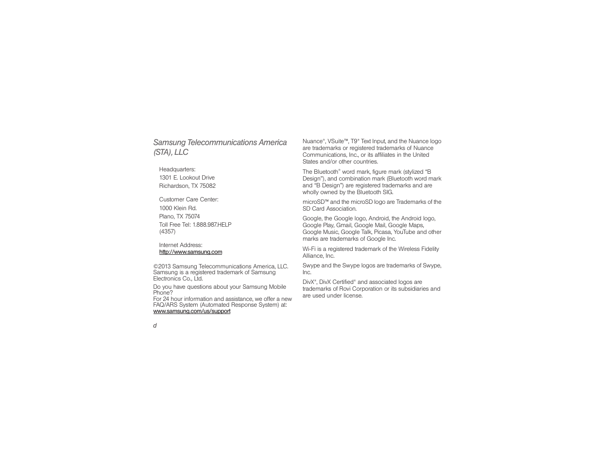 Samsung telecommunications america (sta), llc | Samsung SPH-M840UWABST User Manual | Page 4 / 193