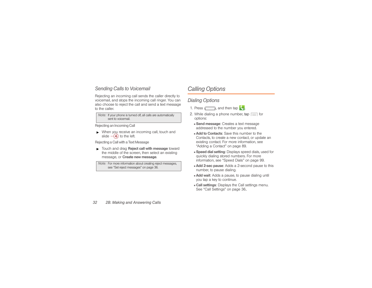 Calling options, Sending calls to voicemail, Dialing options | Samsung SPH-M840UWABST User Manual | Page 41 / 193