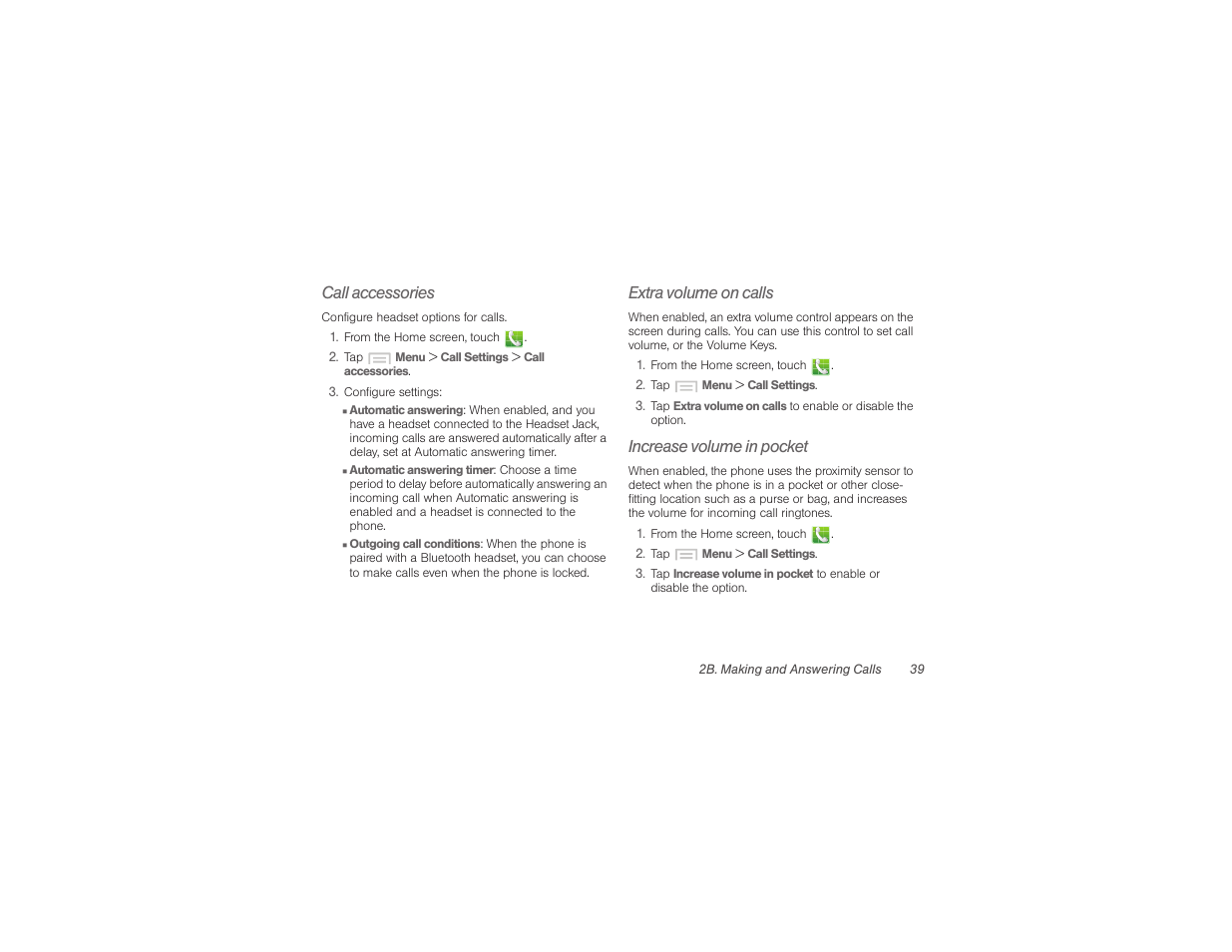 Call accessories, Extra volume on calls, Increase volume in pocket | Samsung SPH-M840UWABST User Manual | Page 48 / 193