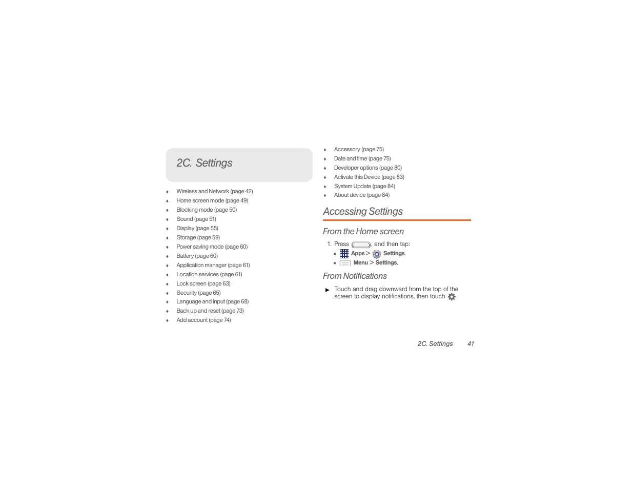 2c. settings, Accessing settings | Samsung SPH-M840UWABST User Manual | Page 50 / 193