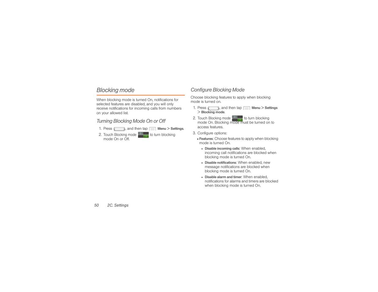 Blocking mode, Turning blocking mode on or off, Configure blocking mode | Samsung SPH-M840UWABST User Manual | Page 59 / 193