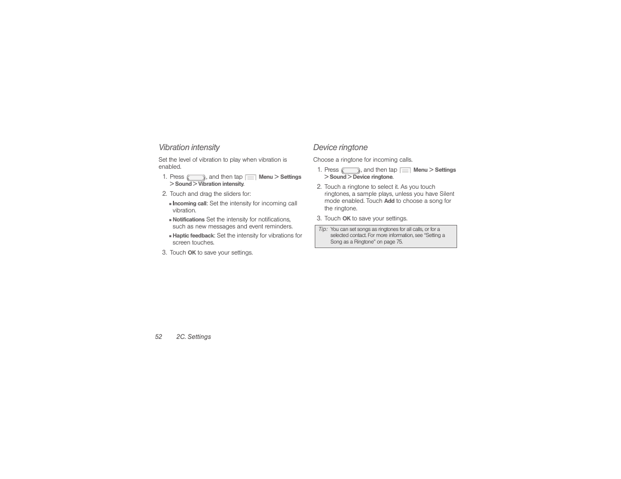 Vibration intensity, Device ringtone | Samsung SPH-M840UWABST User Manual | Page 61 / 193