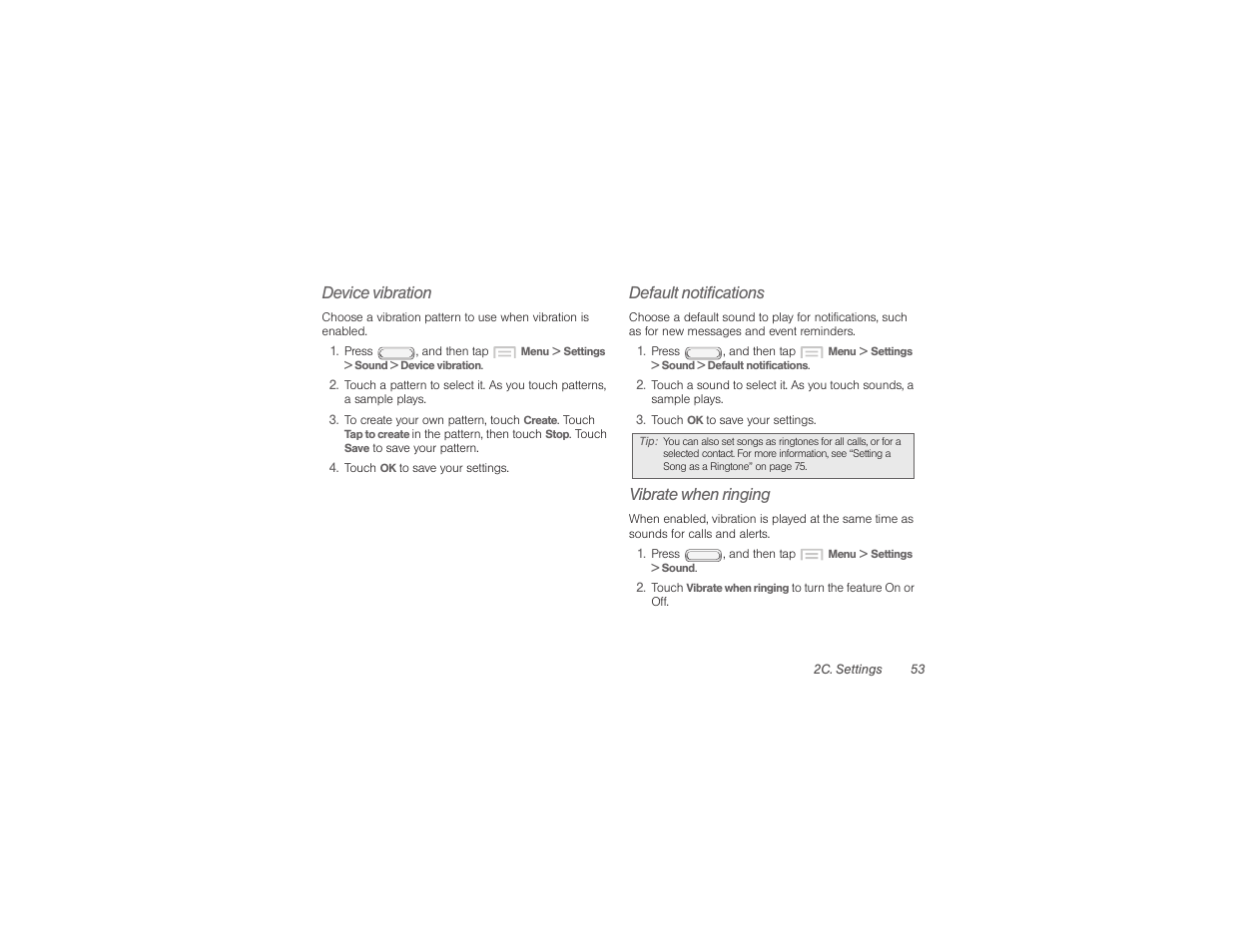 Device vibration, Default notifications, Vibrate when ringing | Samsung SPH-M840UWABST User Manual | Page 62 / 193