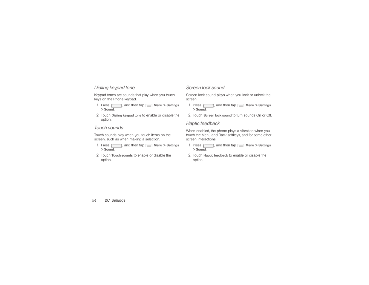 Dialing keypad tone, Touch sounds, Screen lock sound | Haptic feedback | Samsung SPH-M840UWABST User Manual | Page 63 / 193