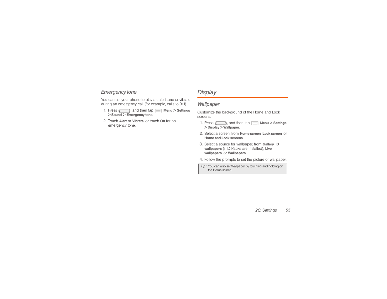 Display, Emergency tone, Wallpaper | Samsung SPH-M840UWABST User Manual | Page 64 / 193