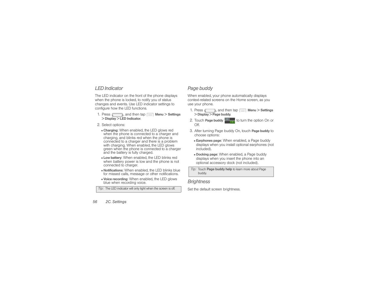 Led indicator, Page buddy, Brightness | Samsung SPH-M840UWABST User Manual | Page 65 / 193