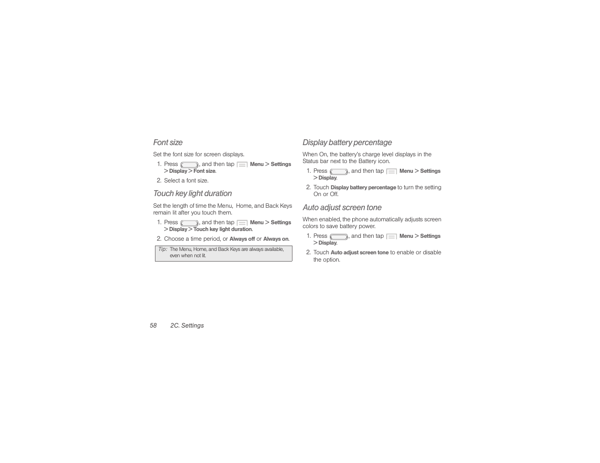 Font size, Touch key light duration, Display battery percentage | Auto adjust screen tone | Samsung SPH-M840UWABST User Manual | Page 67 / 193