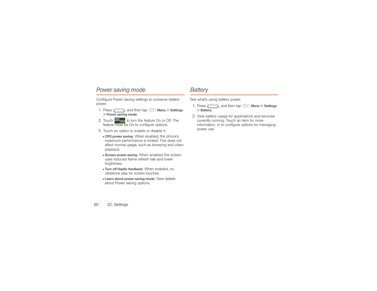 Power saving mode, Battery | Samsung SPH-M840UWABST User Manual | Page 69 / 193