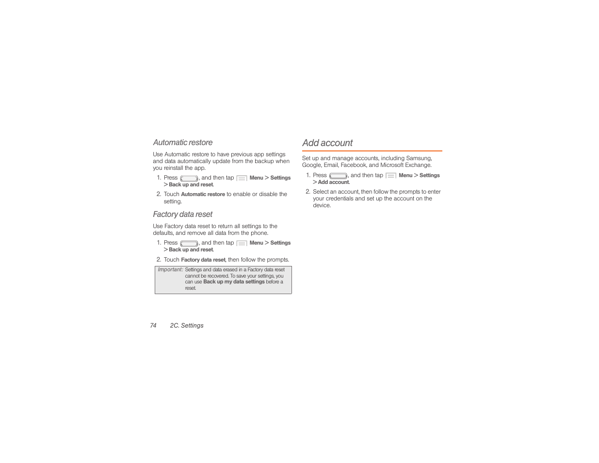 Account, Add account, Automatic restore | Factory data reset | Samsung SPH-M840UWABST User Manual | Page 83 / 193