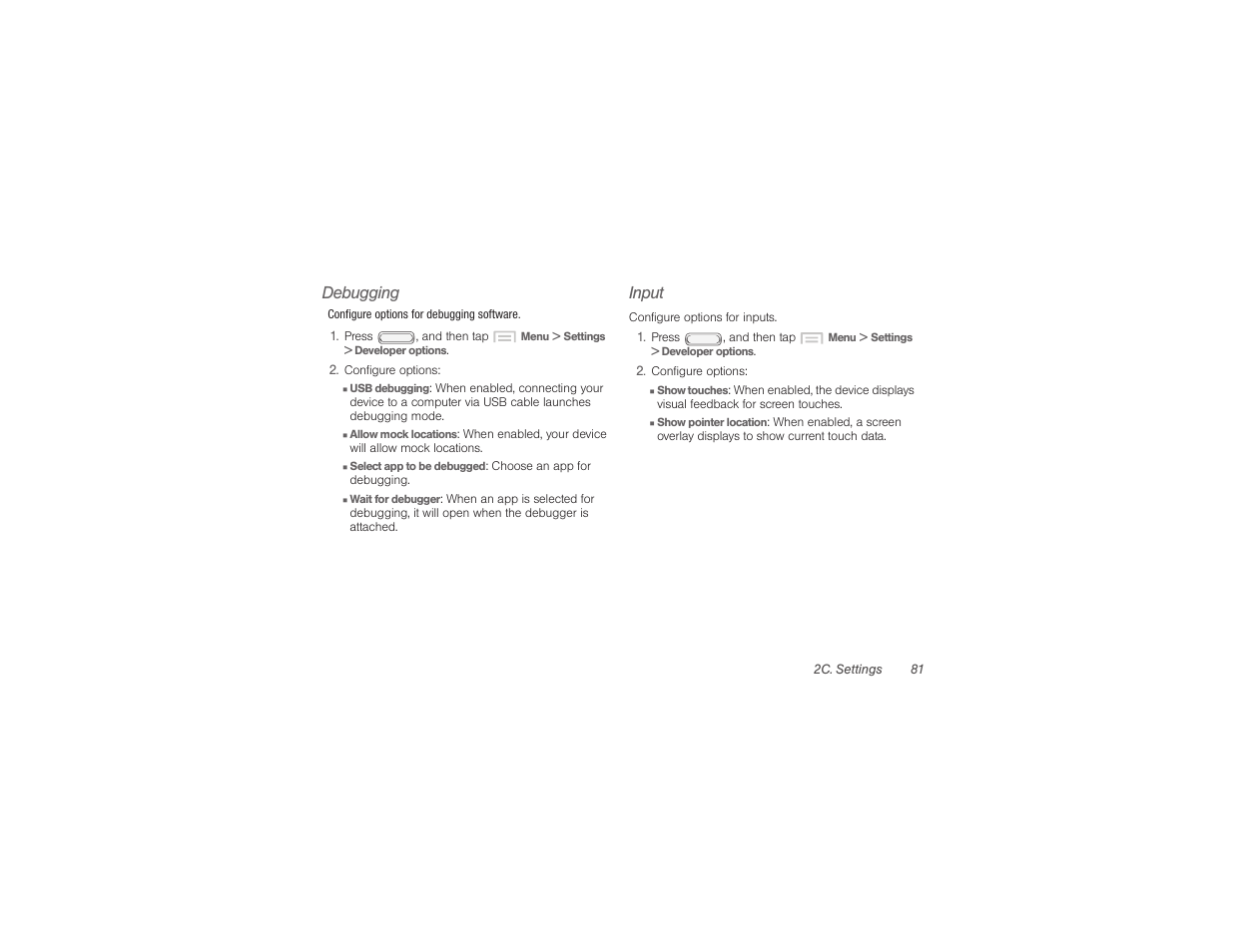 Debugging, Input | Samsung SPH-M840UWABST User Manual | Page 90 / 193