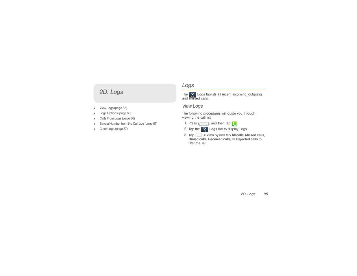 2d. logs, Logs, View logs | Samsung SPH-M840UWABST User Manual | Page 94 / 193