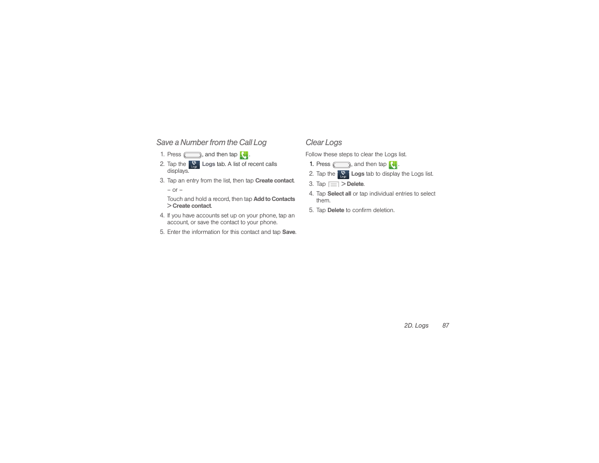 Save a number from the call log, Clear logs | Samsung SPH-M840UWABST User Manual | Page 96 / 193