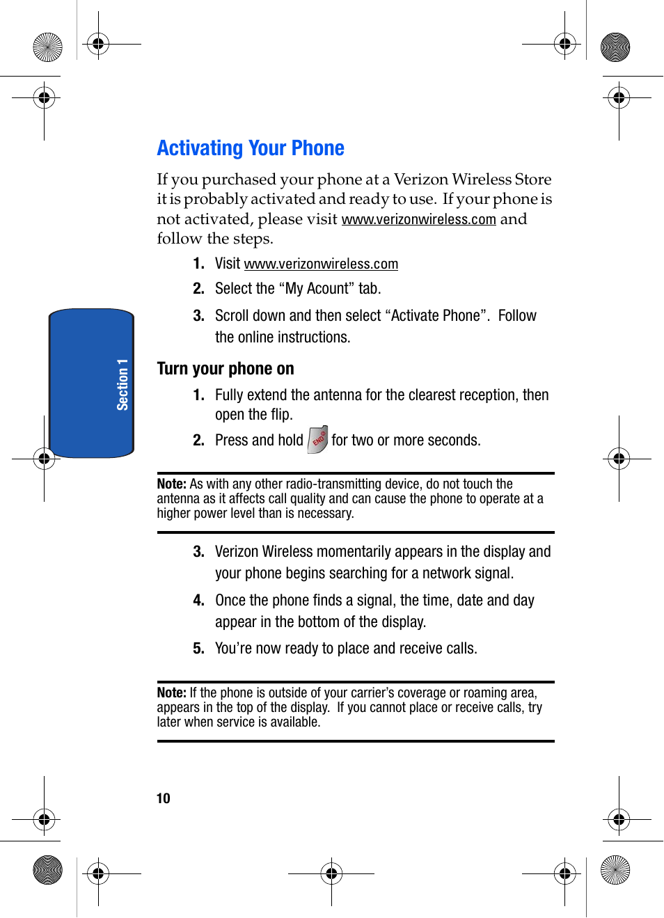 Activating your phone, Turn your phone on | Samsung SCH-A570ZSVXAR User Manual | Page 10 / 194