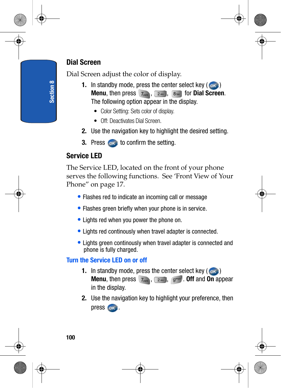 Dial screen, Service led, Turn the service led on or off | Samsung SCH-A570ZSVXAR User Manual | Page 100 / 194