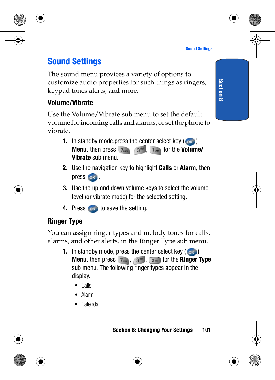 Sound settings, Volume/vibrate, Ringer type | Samsung SCH-A570ZSVXAR User Manual | Page 101 / 194