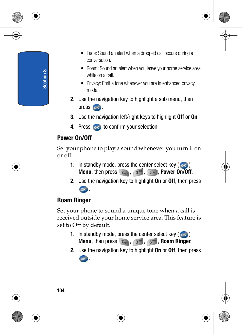 Power on/off, Roam ringer | Samsung SCH-A570ZSVXAR User Manual | Page 104 / 194