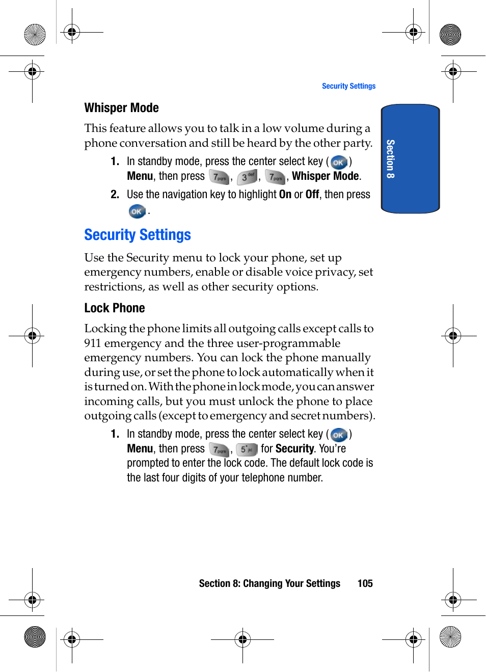 Whisper mode, Security settings, Lock phone | Samsung SCH-A570ZSVXAR User Manual | Page 105 / 194