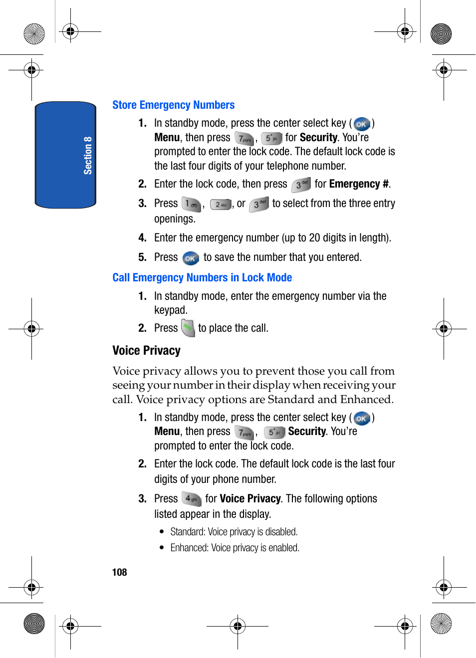 Store emergency numbers, Call emergency numbers in lock mode, Voice privacy | Samsung SCH-A570ZSVXAR User Manual | Page 108 / 194