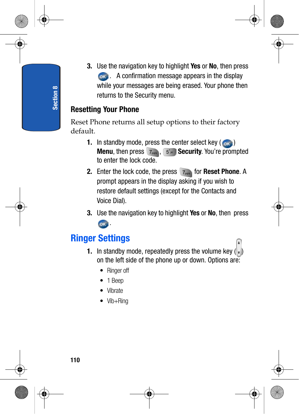 Resetting your phone, Ringer settings | Samsung SCH-A570ZSVXAR User Manual | Page 110 / 194