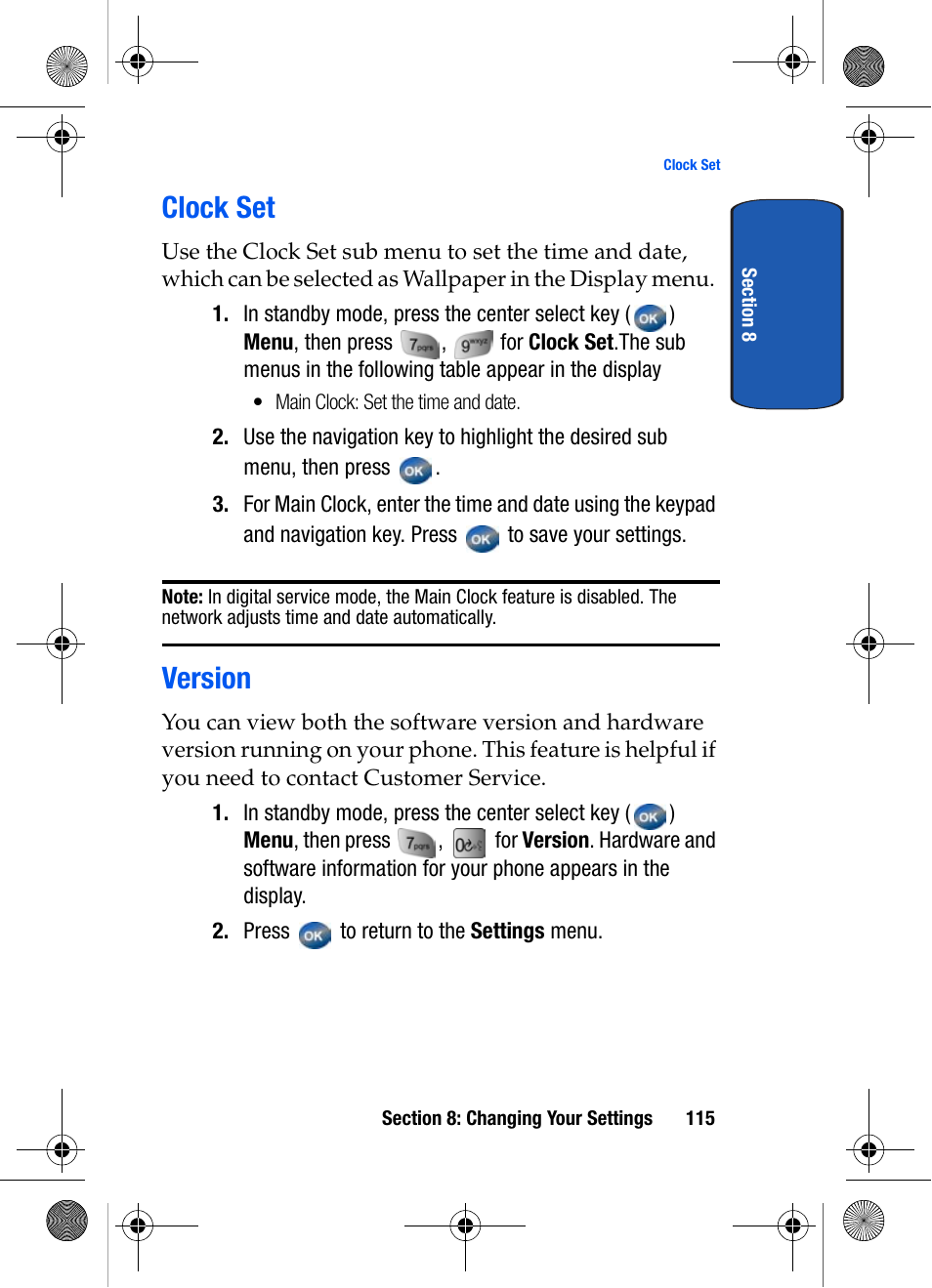 Clock set, Version, Clock set version | Samsung SCH-A570ZSVXAR User Manual | Page 115 / 194