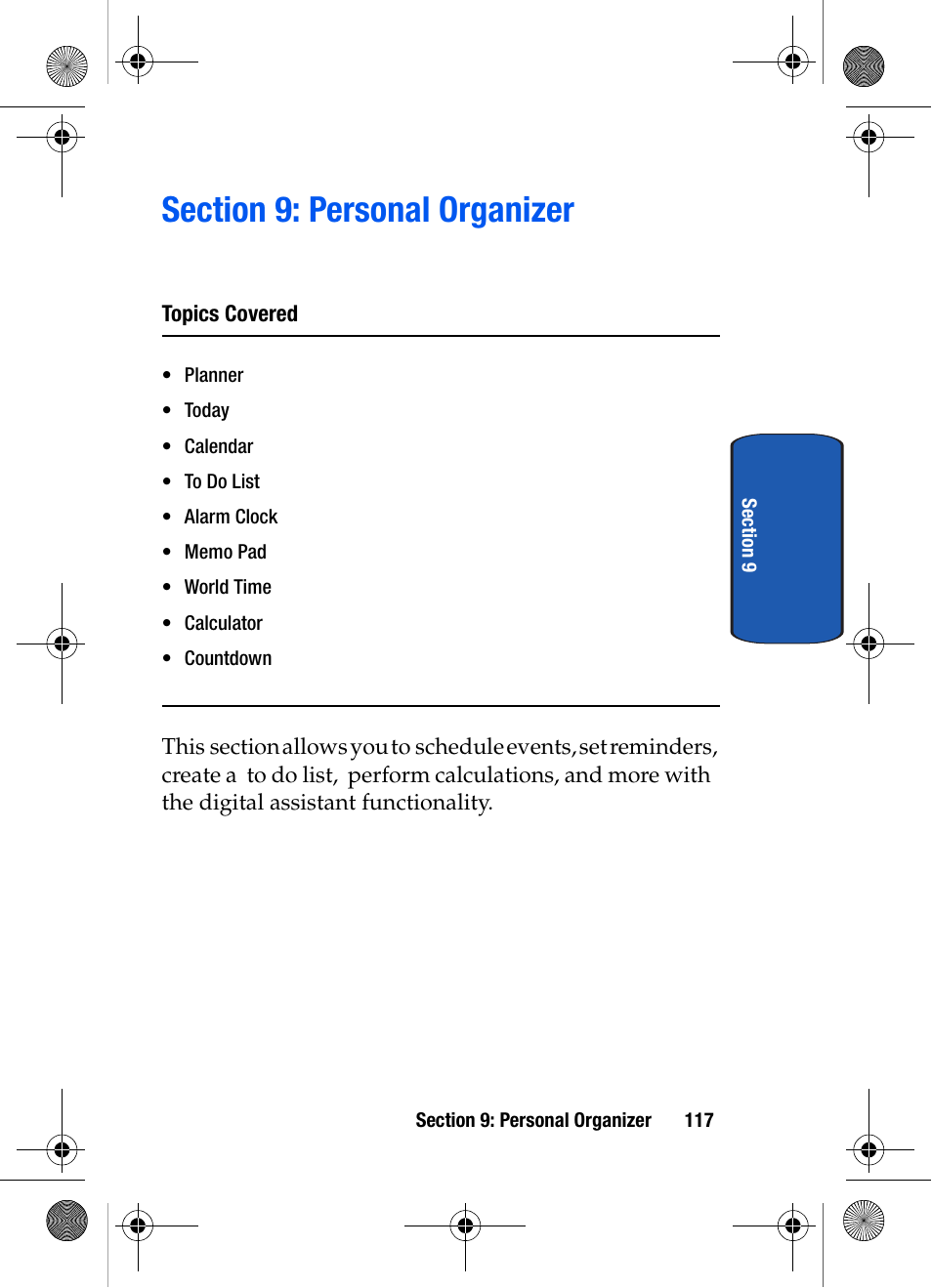 Section 9: personal organizer, Topics covered | Samsung SCH-A570ZSVXAR User Manual | Page 117 / 194