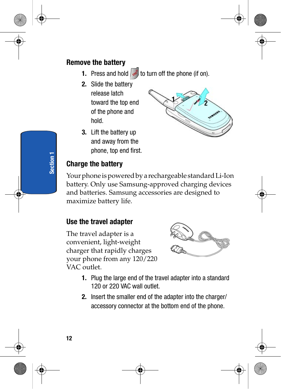 Remove the battery, Charge the battery, Use the travel adapter | Samsung SCH-A570ZSVXAR User Manual | Page 12 / 194