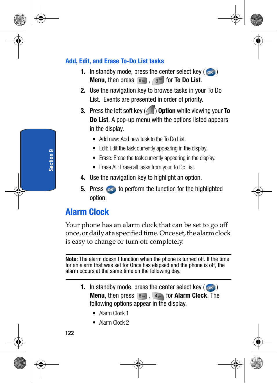Add, edit, and erase to-do list tasks, Alarm clock | Samsung SCH-A570ZSVXAR User Manual | Page 122 / 194