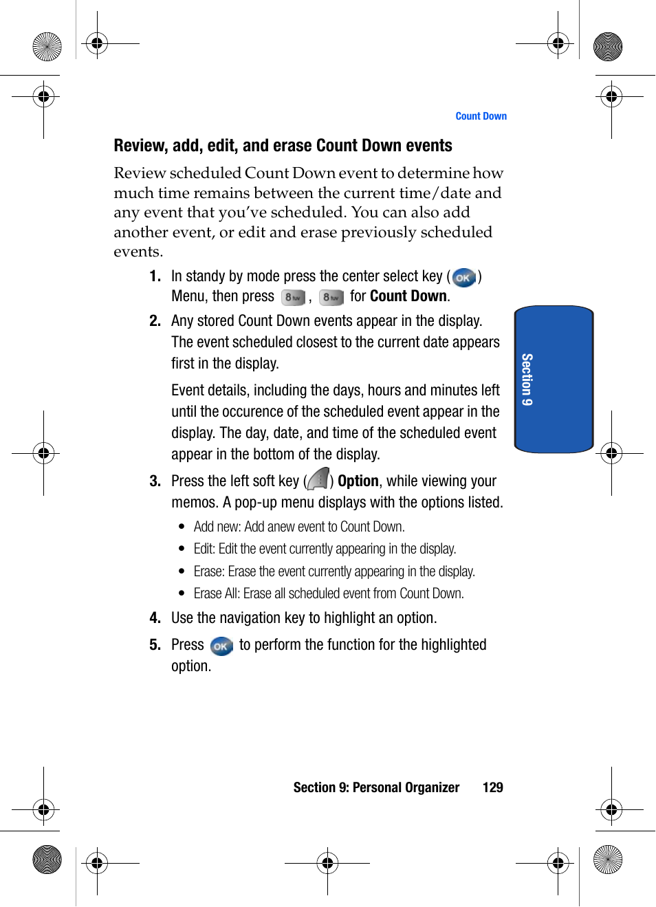 Review, add, edit, and erase count down events | Samsung SCH-A570ZSVXAR User Manual | Page 129 / 194