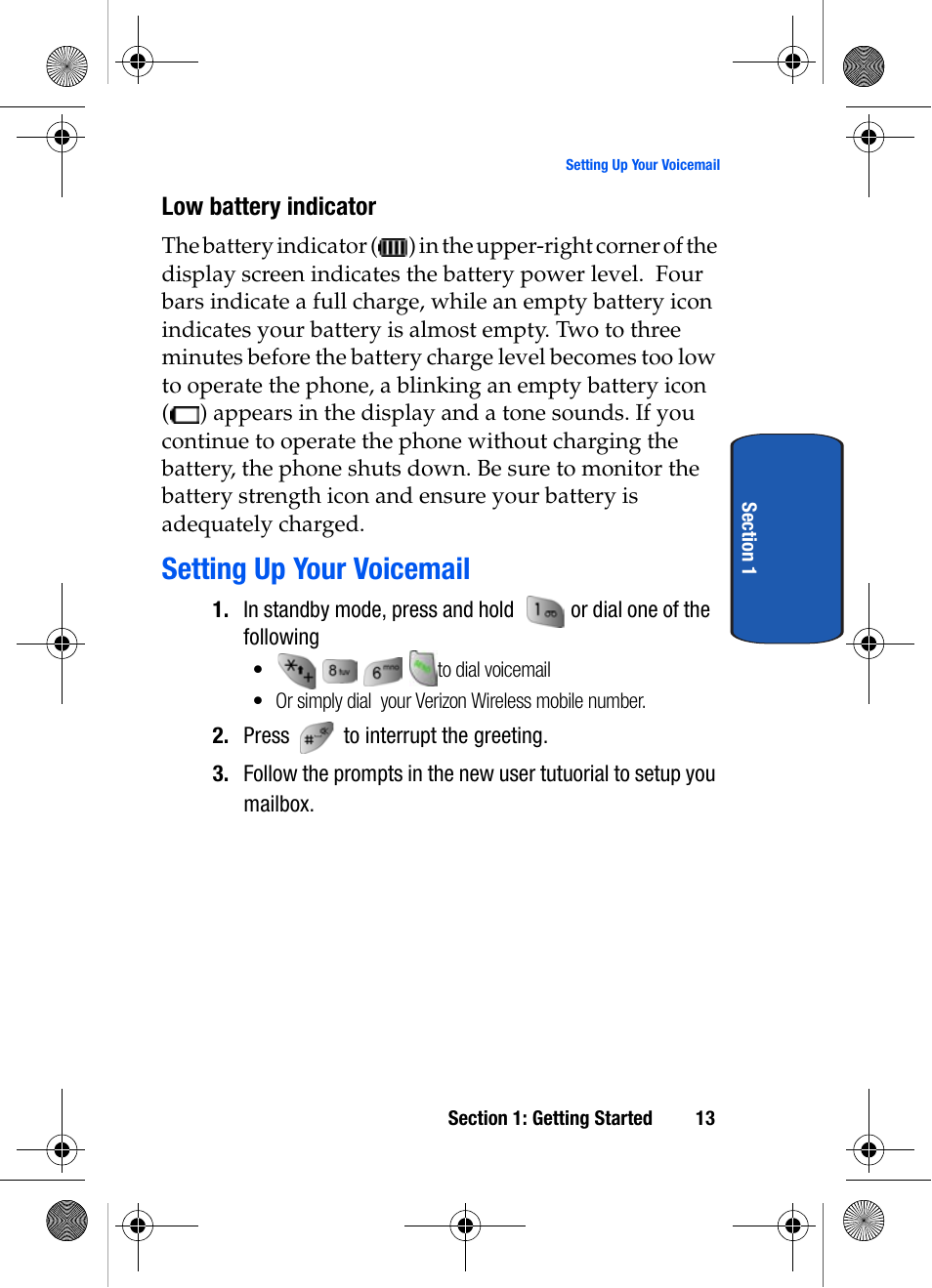Low battery indicator, Setting up your voicemail | Samsung SCH-A570ZSVXAR User Manual | Page 13 / 194
