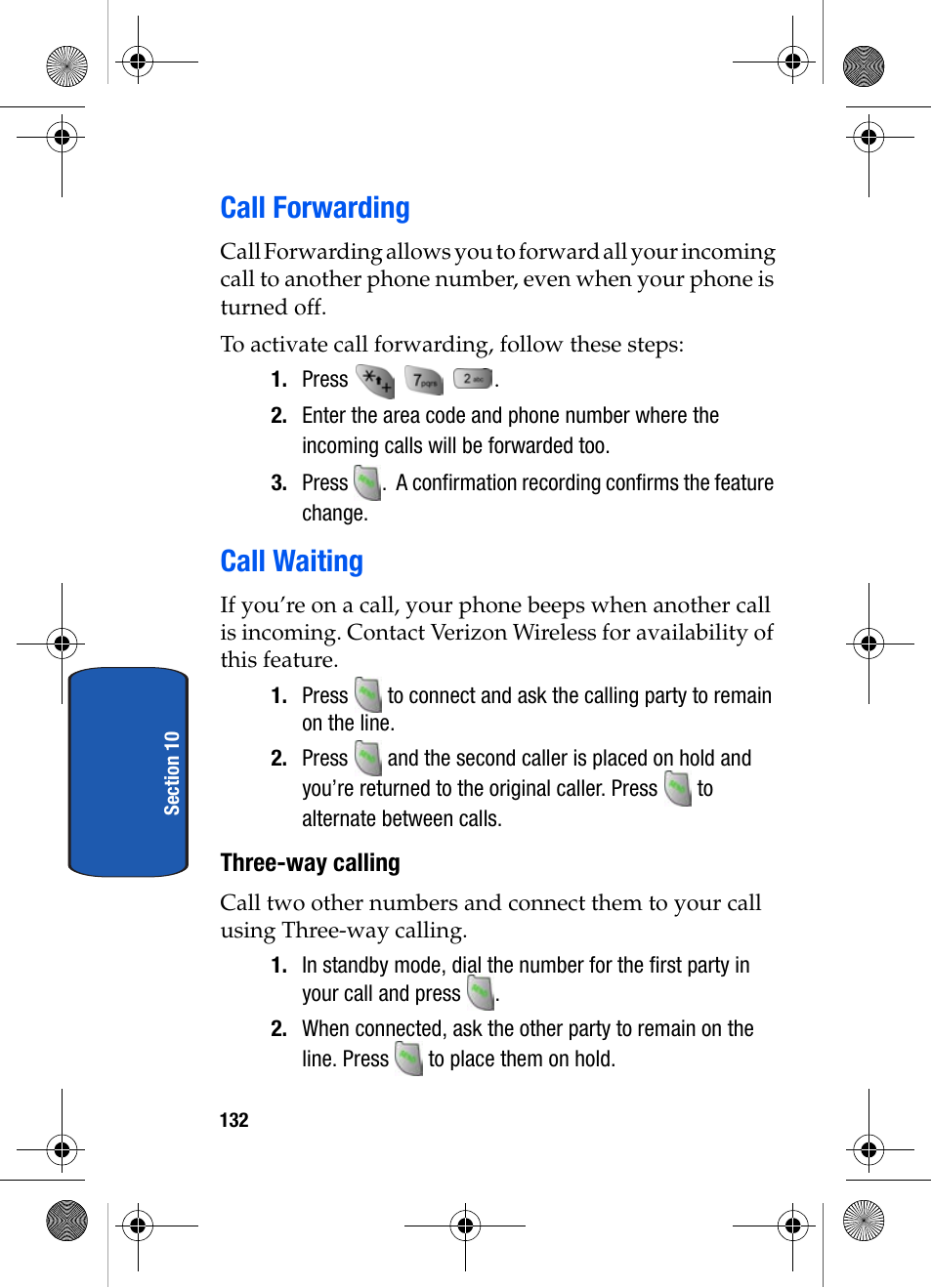 Call forwarding, Call waiting, Three-way calling | Call forwarding call waiting | Samsung SCH-A570ZSVXAR User Manual | Page 132 / 194