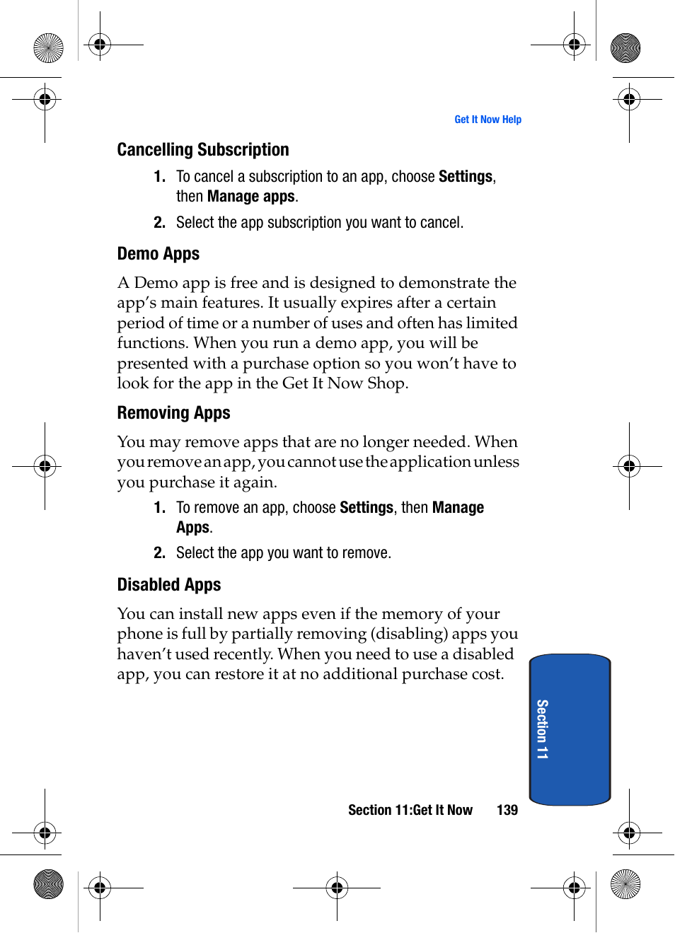 Cancelling subscription, Demo apps, Removing apps | Disabled apps | Samsung SCH-A570ZSVXAR User Manual | Page 139 / 194