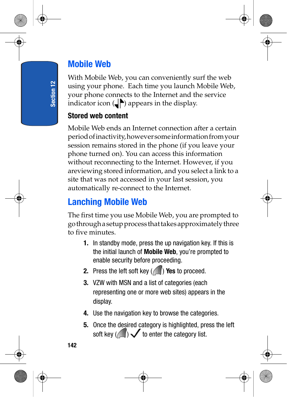 Mobile web, Stored web content, Lanching mobile web | Mobile web lanching mobile web | Samsung SCH-A570ZSVXAR User Manual | Page 142 / 194