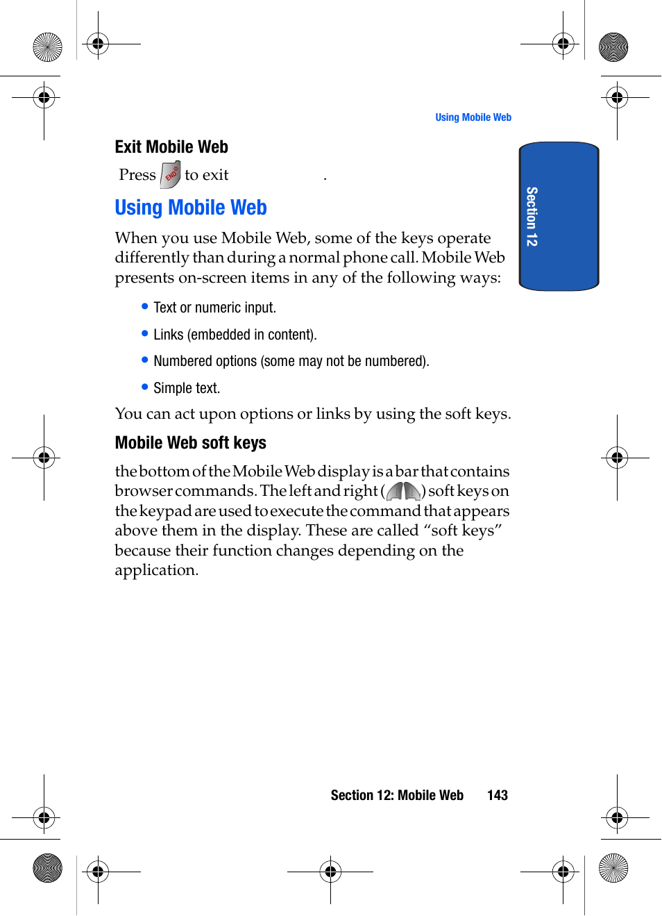 Exit mobile web, Using mobile web, Mobile web soft keys | Samsung SCH-A570ZSVXAR User Manual | Page 143 / 194