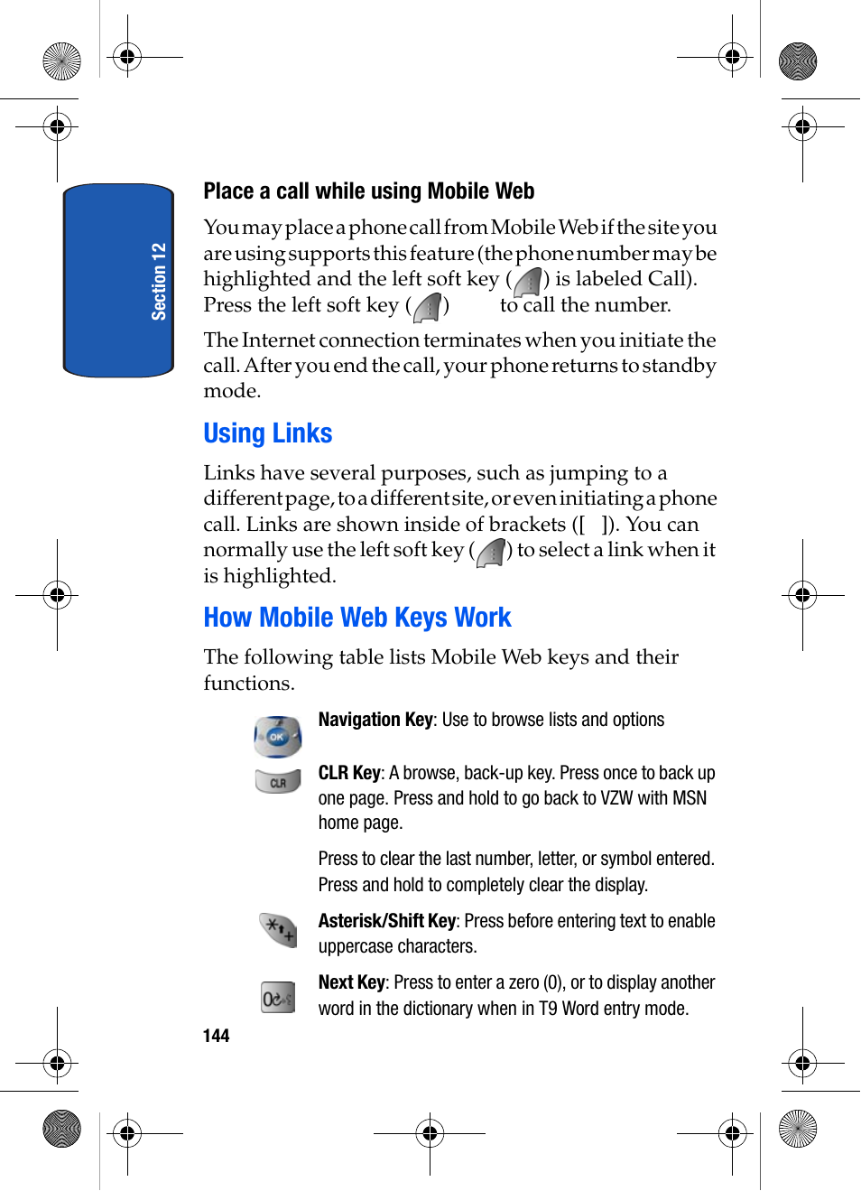 Place a call while using mobile web, Using links, How mobile web keys work | Using links how mobile web keys work | Samsung SCH-A570ZSVXAR User Manual | Page 144 / 194