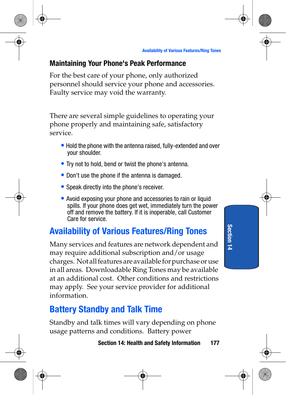 Maintaining your phone's peak performance, Availability of various features/ring tones, Battery standby and talk time | Samsung SCH-A570ZSVXAR User Manual | Page 177 / 194