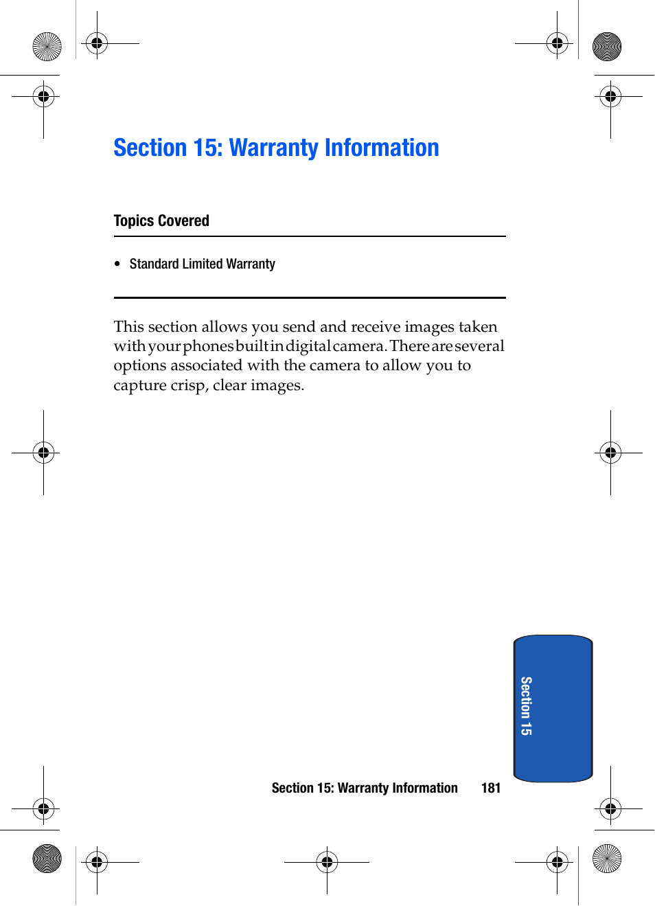 Section 15: warranty information, Topics covered | Samsung SCH-A570ZSVXAR User Manual | Page 181 / 194