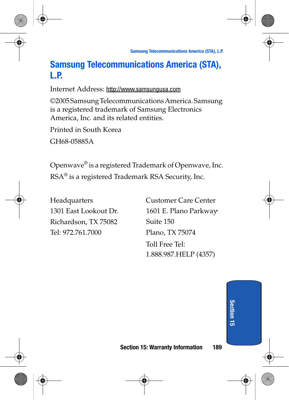 Samsung telecommunications america (sta), l.p | Samsung SCH-A570ZSVXAR User Manual | Page 189 / 194