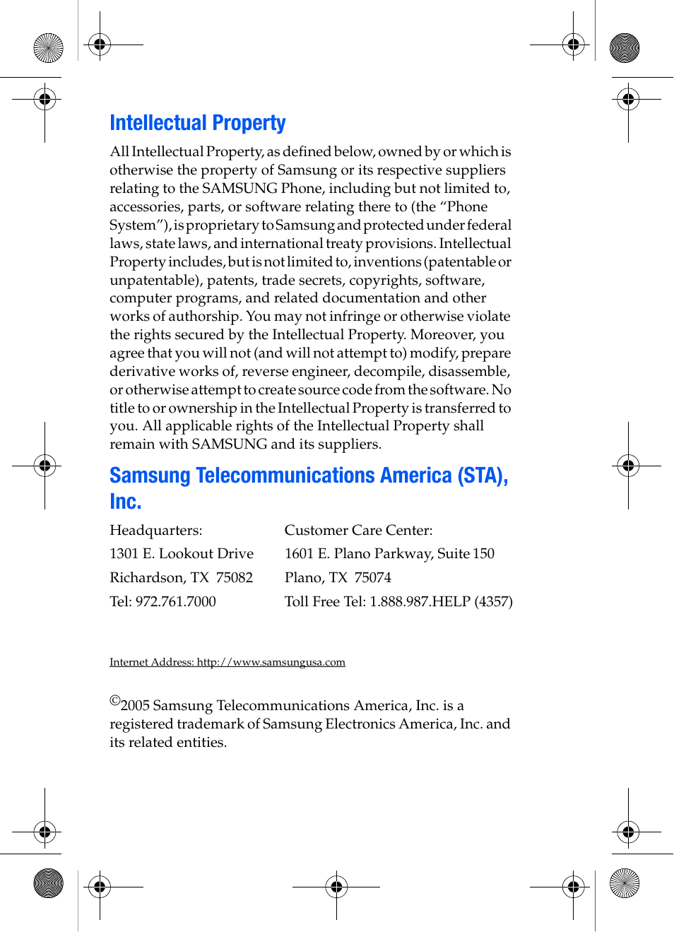 Intellectual property, Samsung telecommunications america (sta), inc | Samsung SCH-A570ZSVXAR User Manual | Page 2 / 194