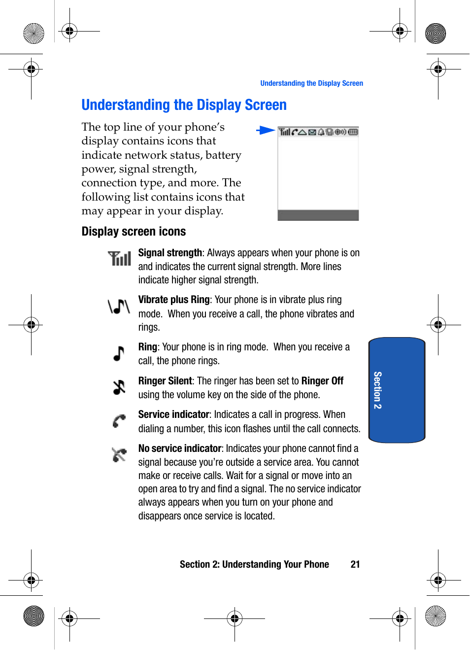 Understanding the display screen, Display screen icons | Samsung SCH-A570ZSVXAR User Manual | Page 21 / 194