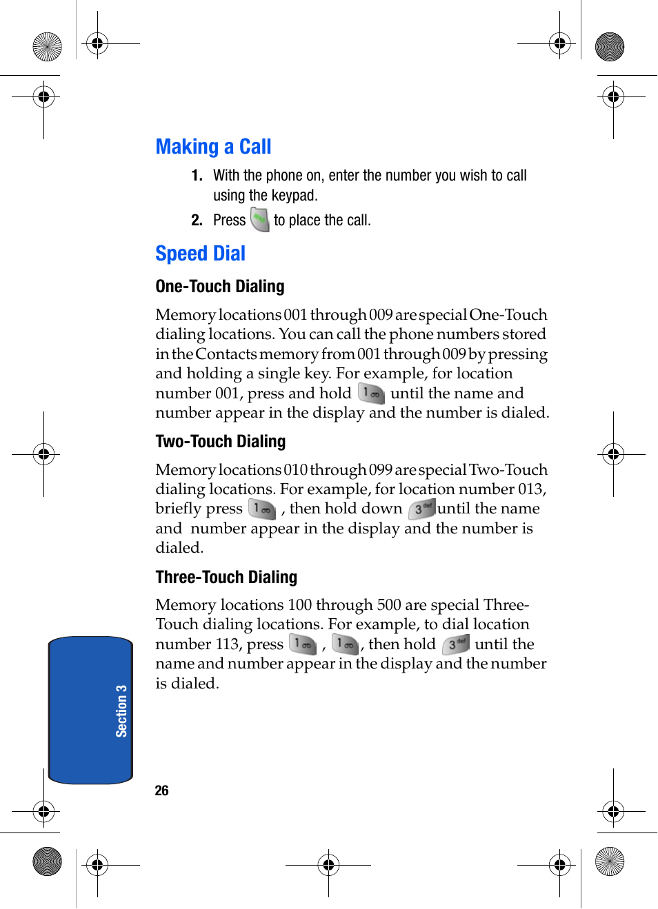 Making a call, Speed dial, One-touch dialing | Two-touch dialing, Three-touch dialing, Making a call speed dial | Samsung SCH-A570ZSVXAR User Manual | Page 26 / 194