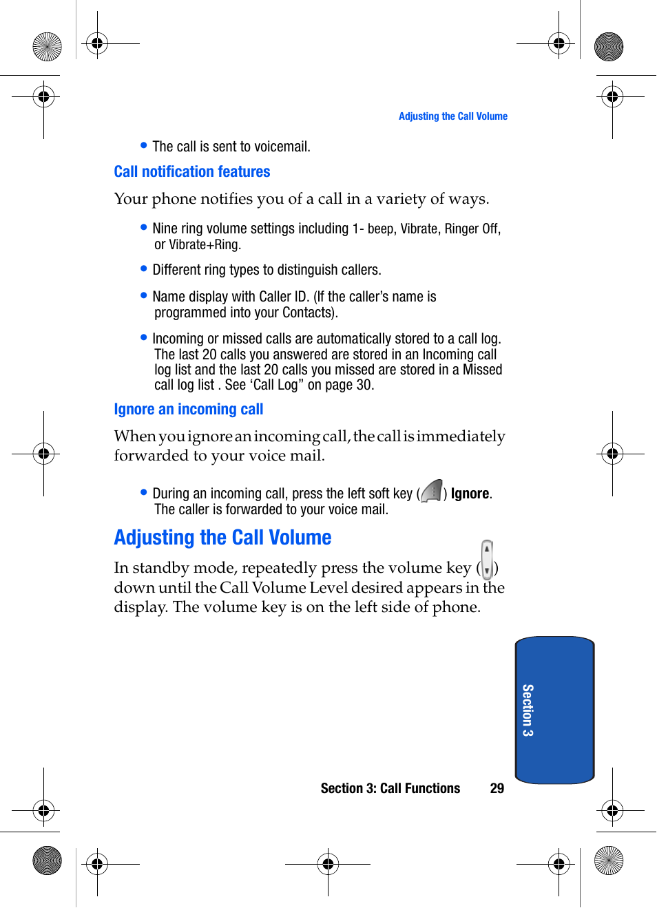 Call notification features, Ignore an incoming call, Adjusting the call volume | Samsung SCH-A570ZSVXAR User Manual | Page 29 / 194