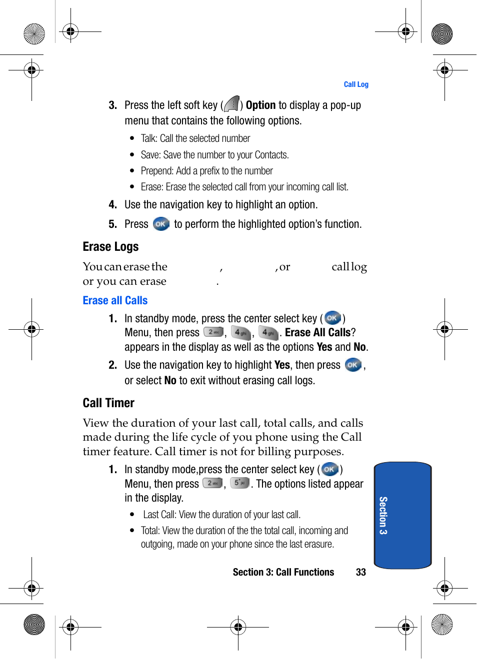 Erase logs, Erase all calls, Call timer | Samsung SCH-A570ZSVXAR User Manual | Page 33 / 194