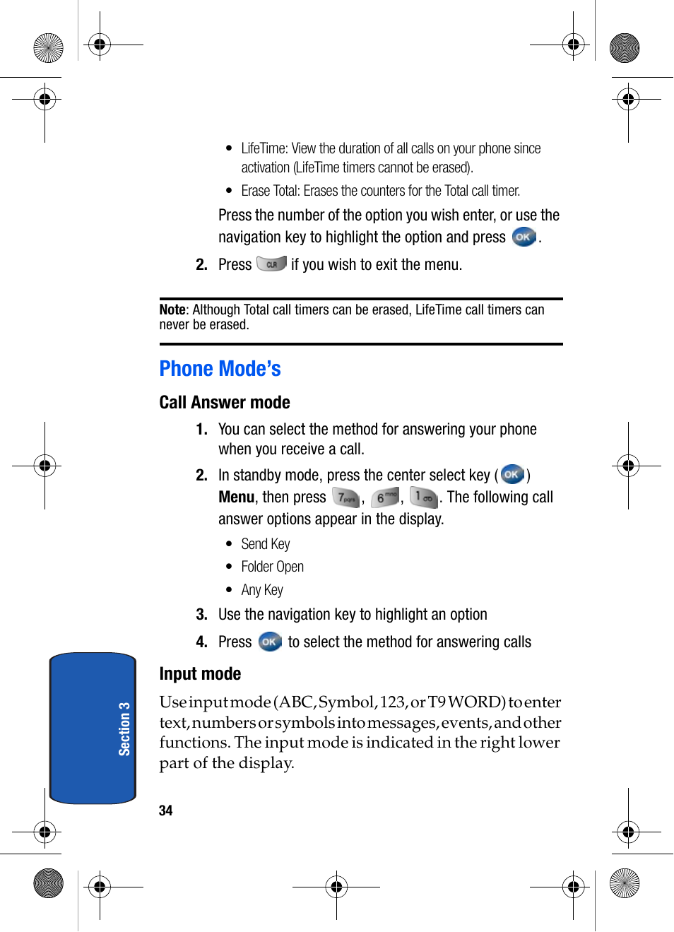 Phone mode’s, Call answer mode, Input mode | Samsung SCH-A570ZSVXAR User Manual | Page 34 / 194