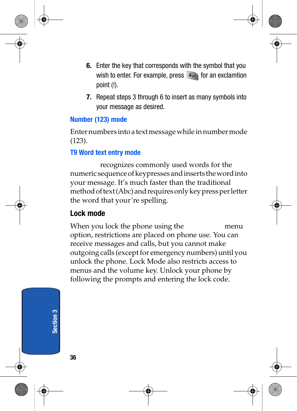 Number (123) mode, T9 word text entry mode, Lock mode | Samsung SCH-A570ZSVXAR User Manual | Page 36 / 194