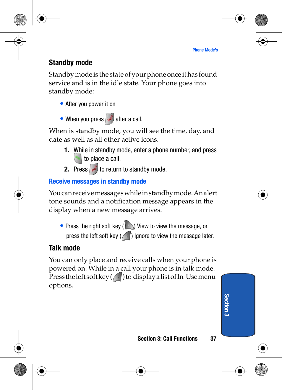 Standby mode, Receive messages in standby mode, Talk mode | Samsung SCH-A570ZSVXAR User Manual | Page 37 / 194