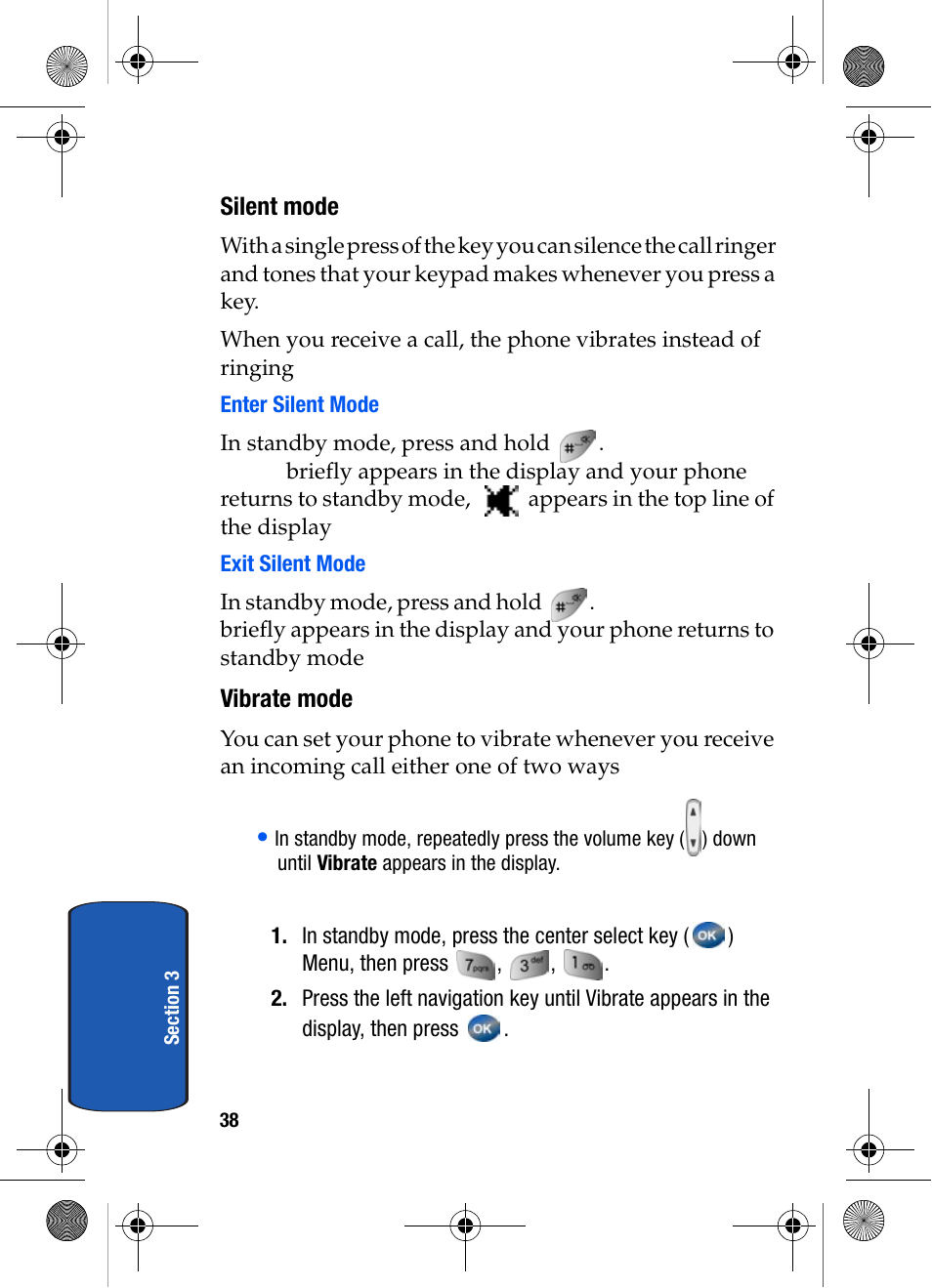 Silent mode, Enter silent mode, Exit silent mode | Vibrate mode | Samsung SCH-A570ZSVXAR User Manual | Page 38 / 194