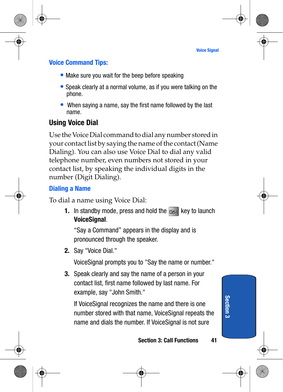 Voice command tips, Using voice dial, Dialing a name | Samsung SCH-A570ZSVXAR User Manual | Page 41 / 194